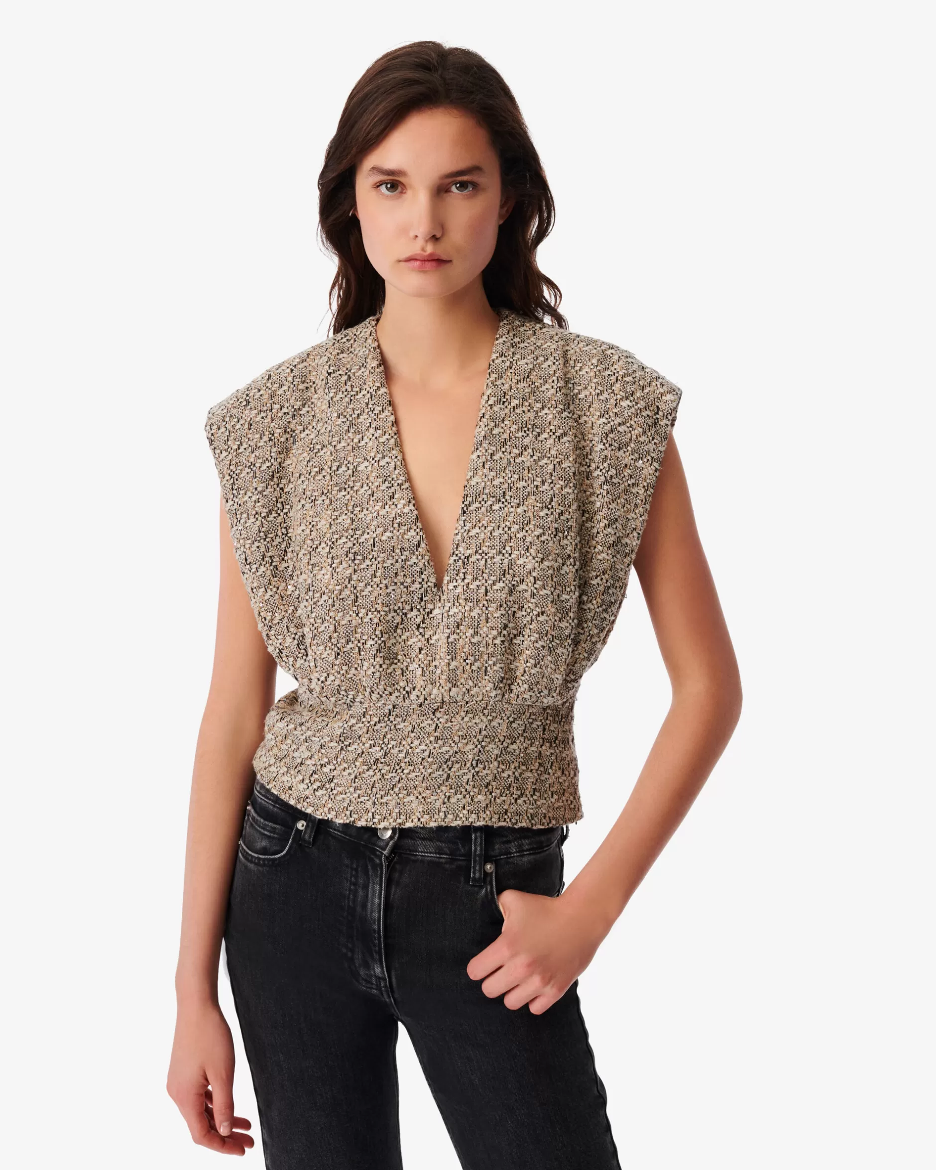 Sale Top In Tweed Con Scollo A V Glena Donna Camicie & Top